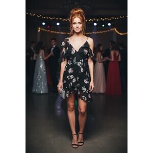 Nicholas Black Rose Boho CottageCore Floral Asymmetric Girly Cold Shoulder Dress